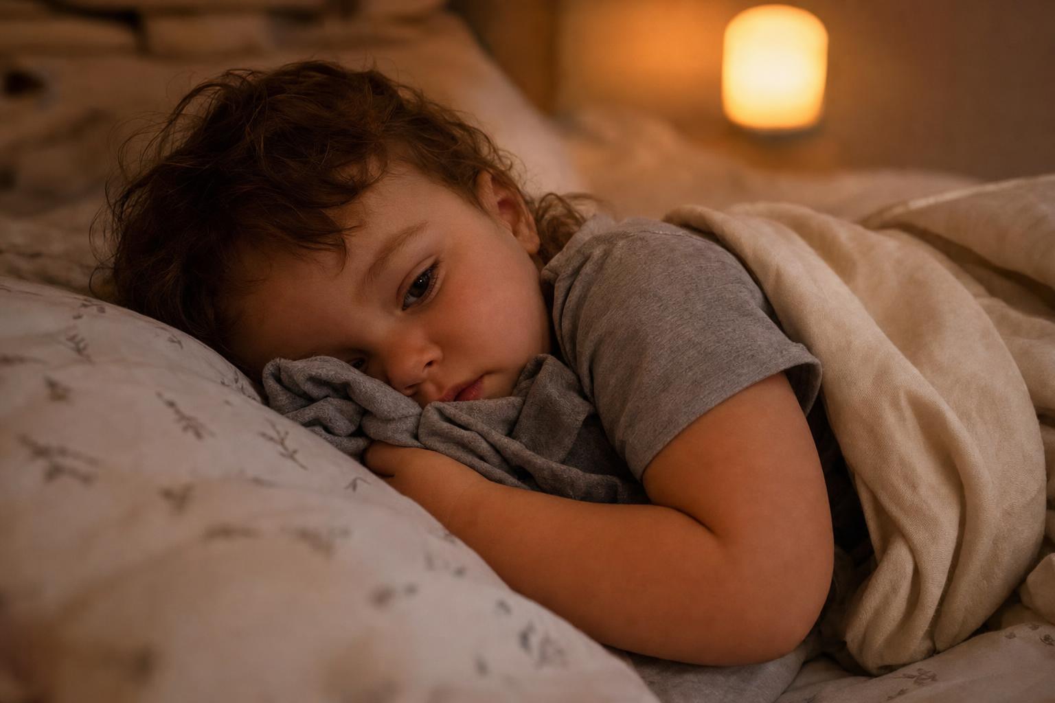 Toddler Separation Anxiety at Bedtime: Finding Calm in the Dark 8 A small toddler holding a parent's soft t-shirt while lying in bed, a small nightlight glowing in the background.