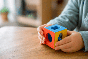 toddler biting - small child holding colorful wooden toy block