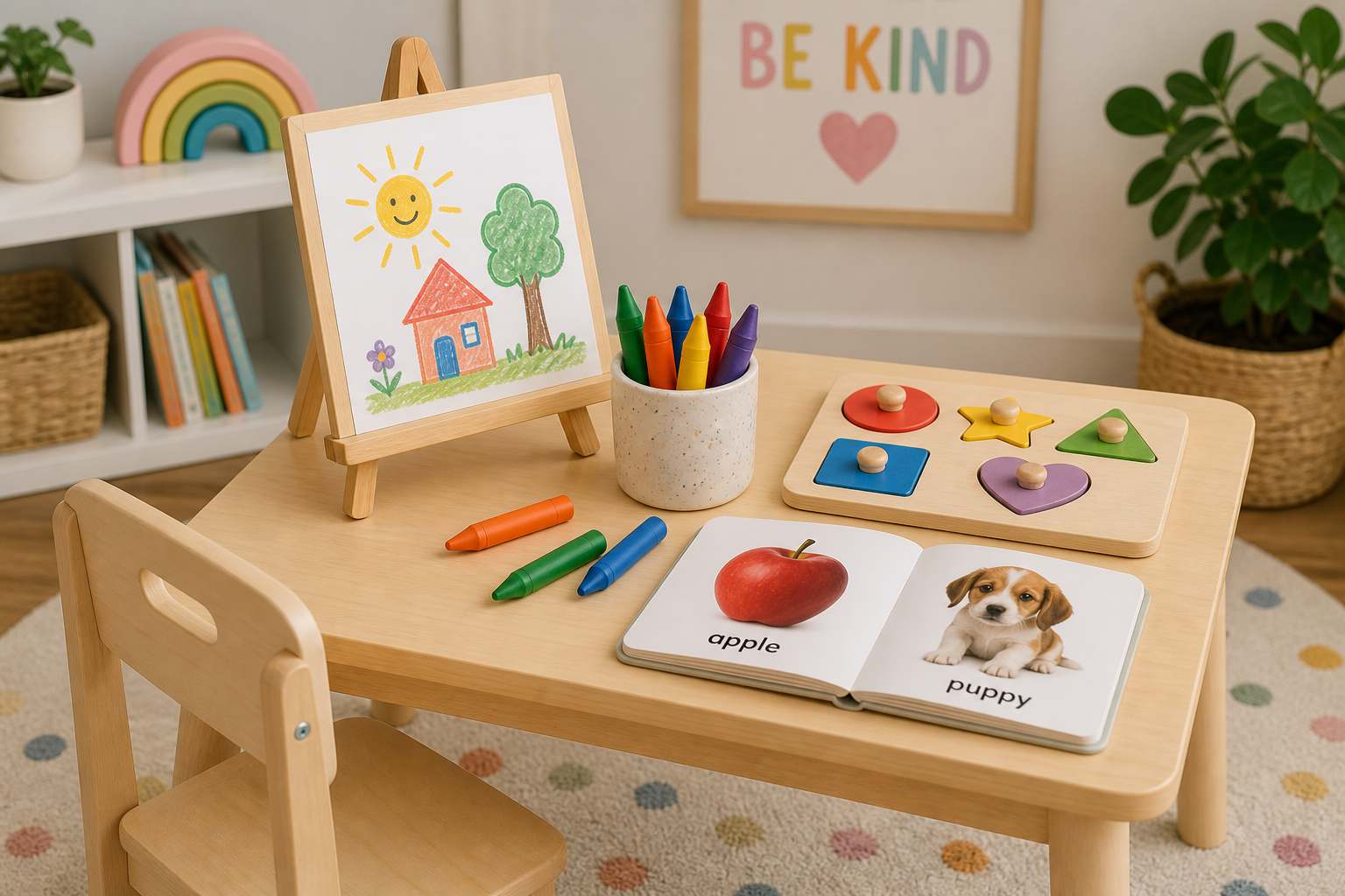 Milestones 24 to 36 Months from Toddler to Preschooler 17 toddler milestones 24 months — art table with crayons, pegboard puzzle, and board books