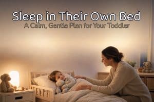 A peaceful toddler settling under the covers in their own bed holding a stuffed animal while a parent kneels calmly beside a glowing nightlight, illustrating how to get a toddler to sleep in their own bed, with a legible baked-in headline