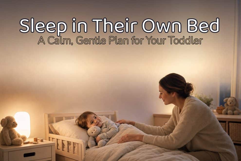 A peaceful toddler settling under the covers in their own bed holding a stuffed animal while a parent kneels calmly beside a glowing nightlight, illustrating how to get a toddler to sleep in their own bed, with a legible baked-in headline