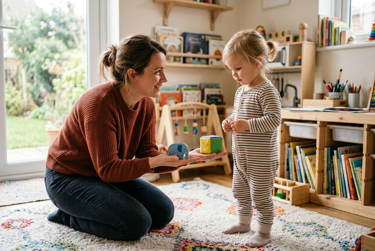 How to Handle Toddler Tantrums: Calm, Gentle Steps for Every Family 9 A toddler choosing between two small items a parent is holding out — having a real choice, looking focused and calm, bright natural light.