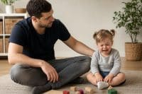 How to Handle Toddler Tantrums: Calm, Gentle Steps for Every Family 3 How to handle toddler tantrums — a parent sitting on the floor beside an upset toddler, parent's expression steady and calm, warm home environment.