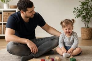 How to Handle Toddler Tantrums: Calm, Gentle Steps for Every Family 11 How to handle toddler tantrums — a parent sitting on the floor beside an upset toddler, parent's expression steady and calm, warm home environment.