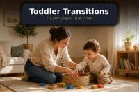 A parent helping a toddler clean up blocks in a sunny living room during toddler transitions, with a legible baked-in headline