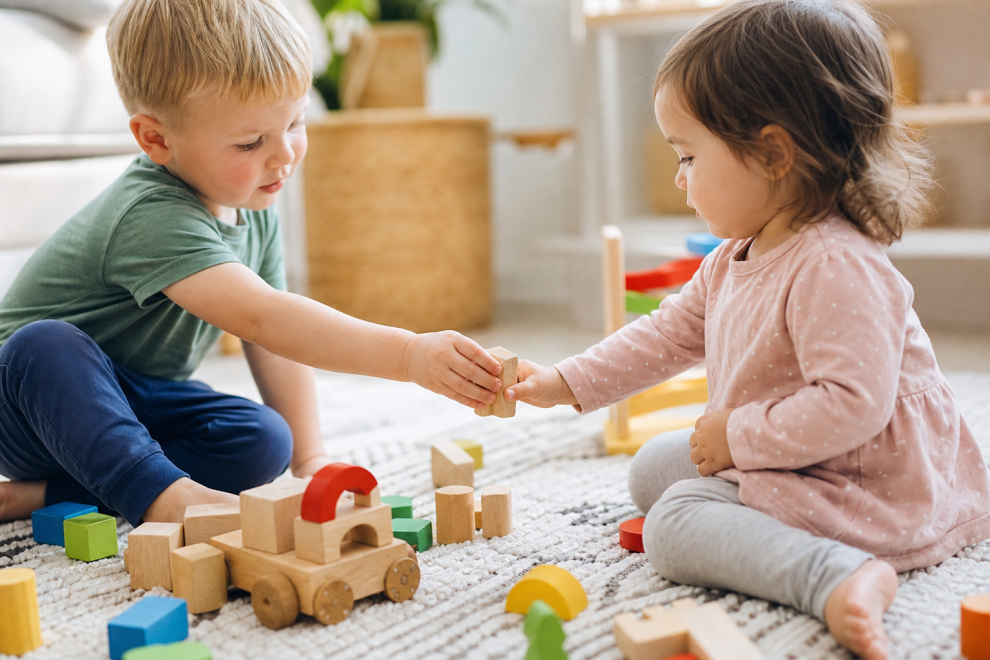 Tips For Teaching Toddlers To Share 15 Toddler sharing wooden blocks with a friend on a play rug