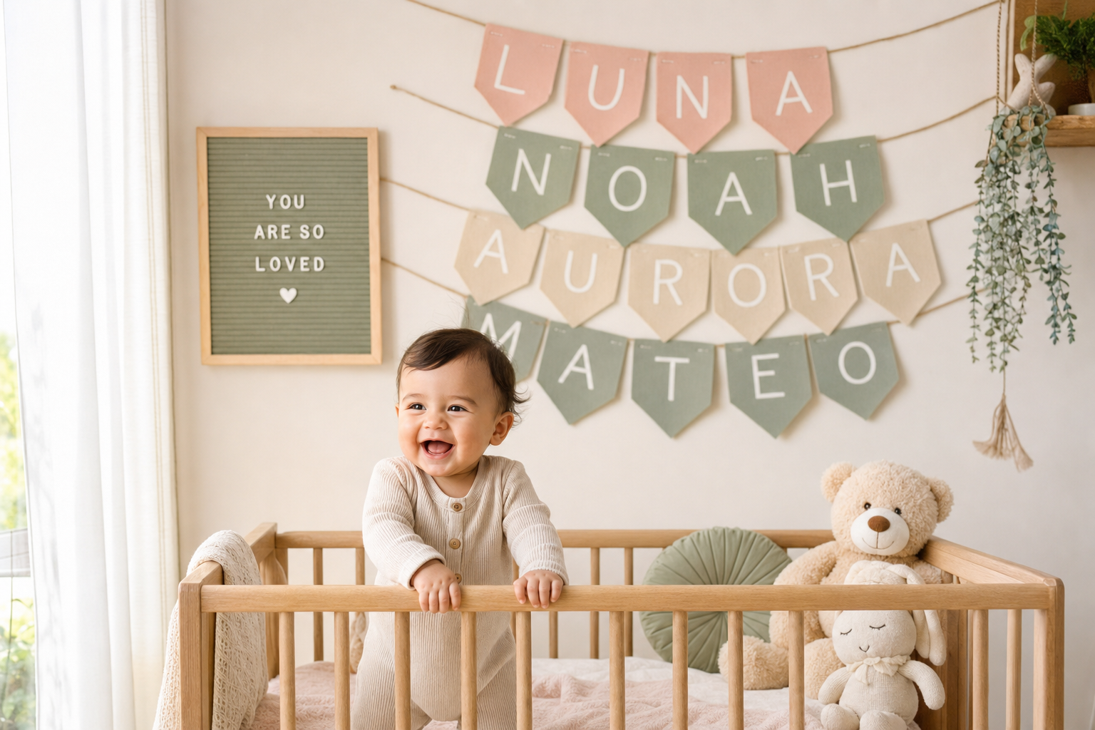 25,000 Baby Names with Meanings: A Simple, Joyful Way to Find the One 18 Bright nursery with bunting spelling trending baby names Luna, Noah, Aurora and Mateo above a giggling baby in a crib