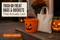 Trick or Treat Bags and Buckets That Actually Last the Whole Block 1 Trick or treat bags and buckets with sturdy stitched handles on a porch step at dusk
