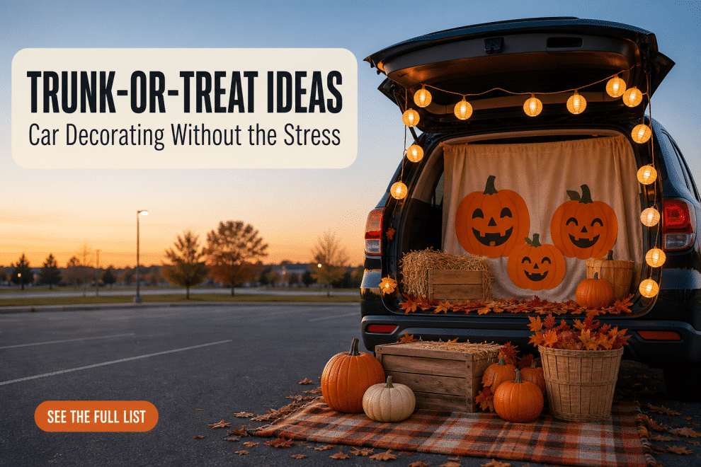 Decorated car trunk with pumpkin backdrop and warm lantern lights at a dusk trunk-or-treat event