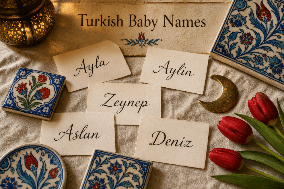 Collection of Turkish baby names on ivory name cards with blue-and-white Iznik tile patterns, a crescent moon, red tulips, and warm lamplight
