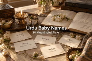 Urdu baby names arranged on warm cream name cards beside a small brass lamp, jasmine blossoms, and soft golden light
