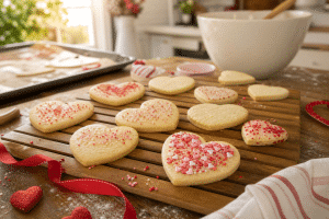 valentine recipes for kids: heart-shaped cookies cooling on a wooden rack in a warm kitchen