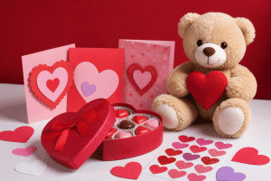 valentine's day gift ideas for kids — sweet collection of Valentine gifts including candy, stuffed bear and cards