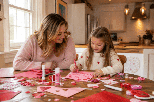 valentines day activities for kids — parent and child making Valentine's cards