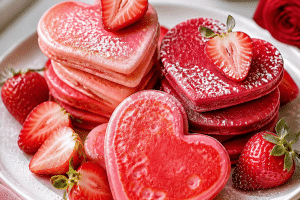 valentine's day recipes — heart-shaped pancakes with strawberries for a festive family breakfast