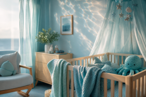 Names that mean water: a calm blue nursery washed in soft, rippling morning light