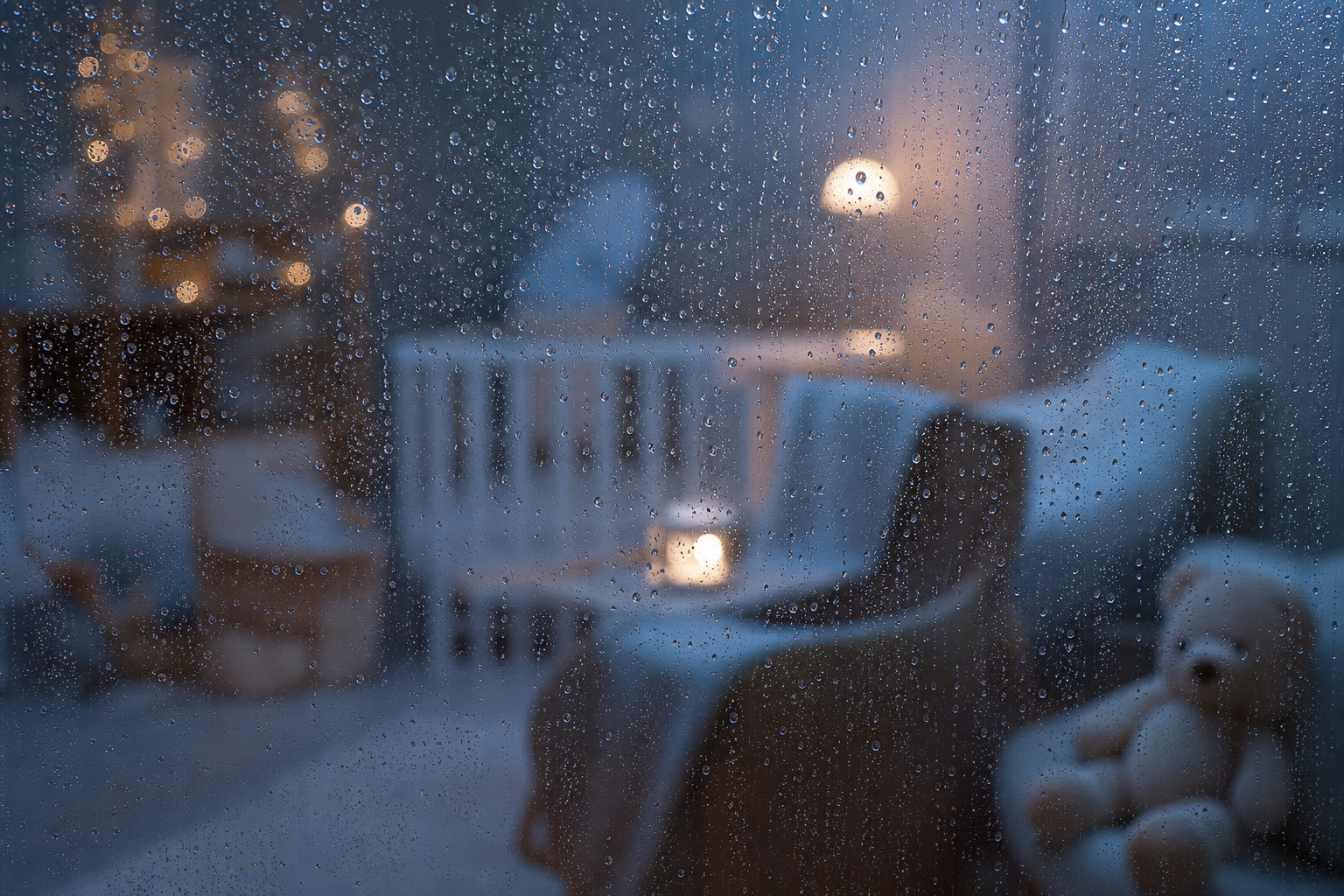 Names That Mean Water: 60+ Beautiful Picks for Your Baby 18 Soft rain droplets on a window beside a cozy blue nursery