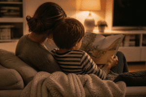 how to be a better parent — parent and child reading together on a cozy couch