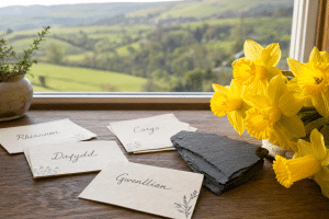 Collection of Welsh baby names on cream name cards with daffodils, slate, and soft green hills in natural morning light