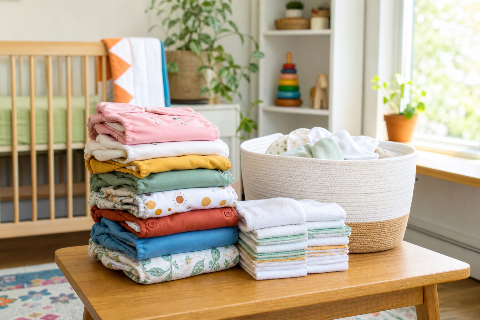 What Are The Advantages Of Cloth Diapers? 16 cloth diapers benefits shown with reusable diapers in a nursery