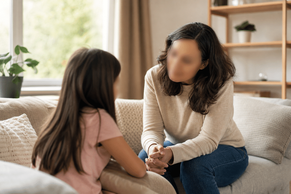 authoritative parenting style - parent listening attentively to child in living room