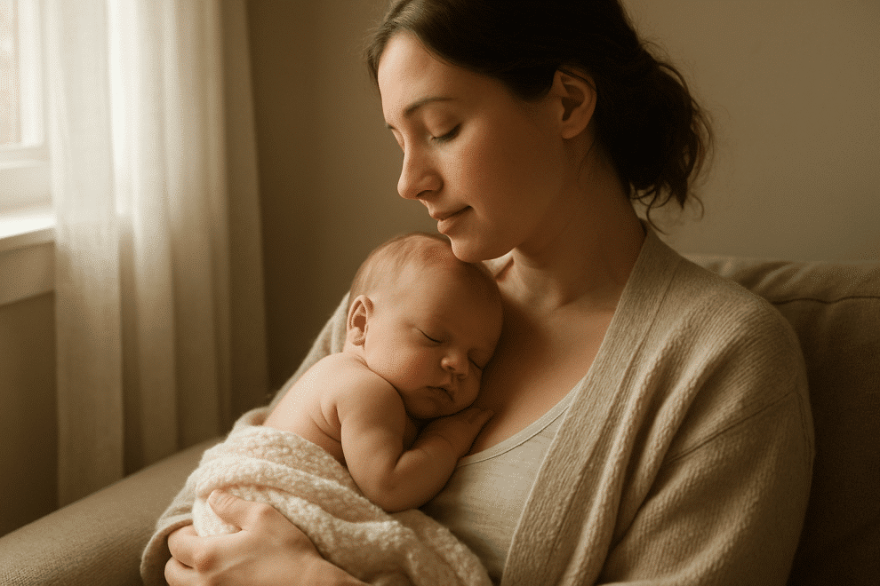 natural parenting — mother holding newborn baby in skin-to-skin contact