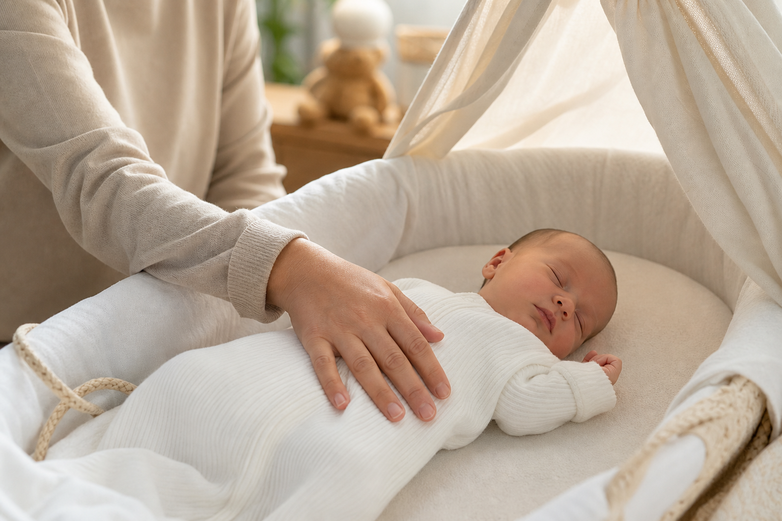 What Is RSV And Is Your Newborn at Risk? 16 RSV in newborns — parent gently checking on sleeping newborn in safe cozy bassinet