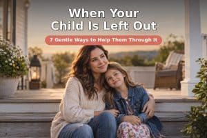 A warm mother sitting close beside her school-age child on the front steps at golden hour, one arm around them as the child leans in, both faces gentle and connected, with a legible baked-in headline "When Your Child Is Left Out" and subline "7 Gentle Ways to Help Them Through It" — a tender, hopeful scene about comforting a child who feels excluded