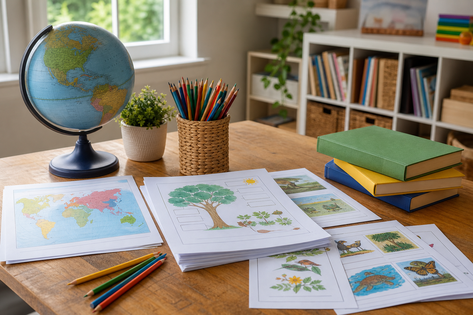Where Can You Find Free Home School Material? 16 free homeschool curriculum materials - organized homeschool workspace with books and worksheets
