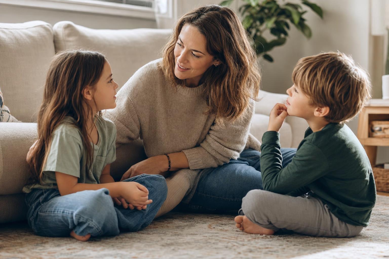 Why Do Kids Lie? A Simple, Calm Guide to Raising Honest Kids 16 A warm mother sitting on the living-room floor talking gently with two children of different ages, calm and trusting, soft natural light