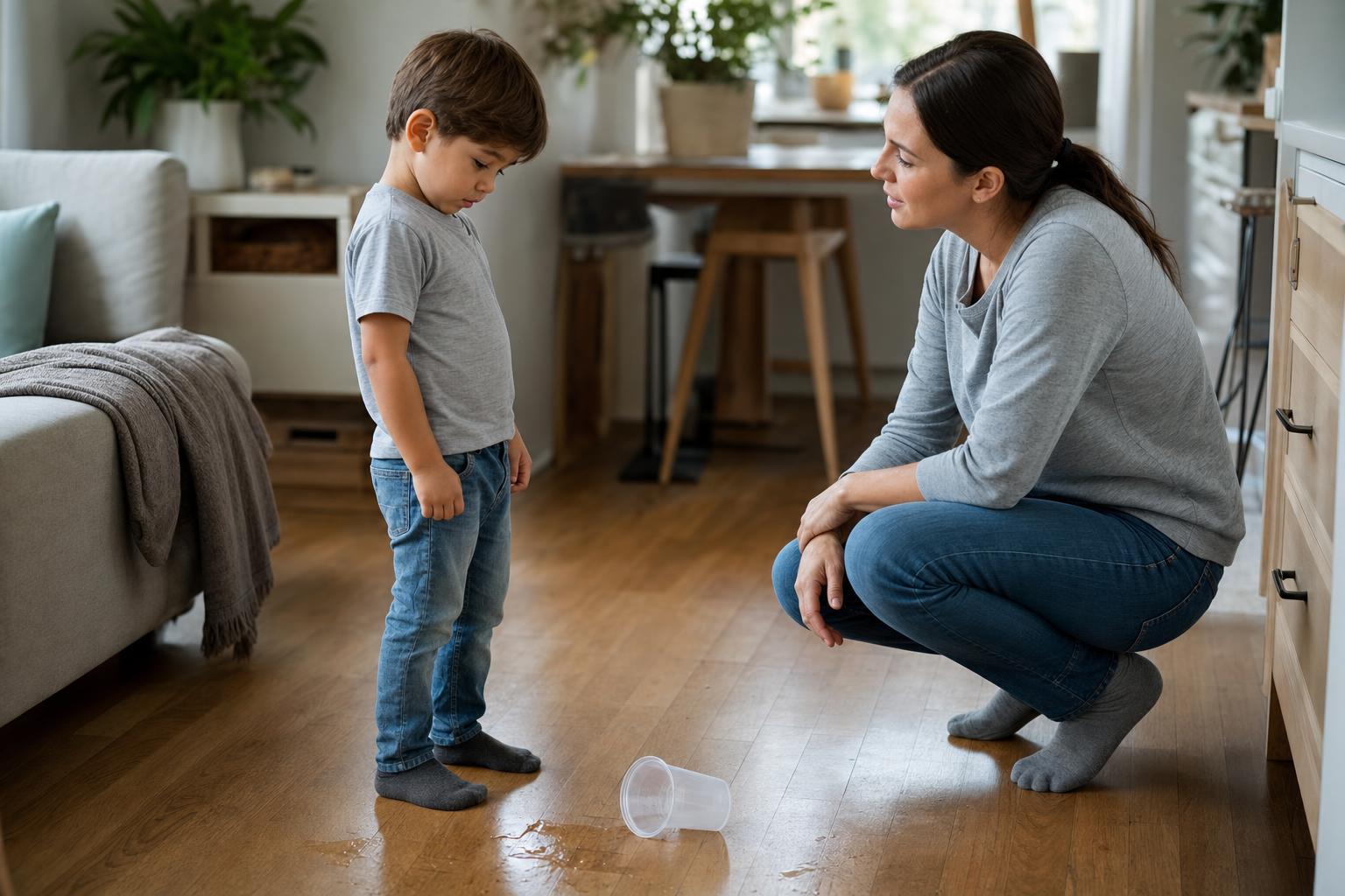 Why Do Kids Lie? A Simple, Calm Guide to Raising Honest Kids 17 A young child with a slightly guilty expression standing near a small mess while a calm parent kneels down to talk gently, warm soft lighting