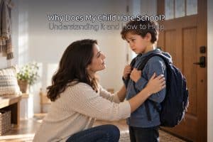 Why does my child hate school — a warm parent kneeling to comfort a reluctant young child with a backpack near the front door, with a legible baked-in magazine headline
