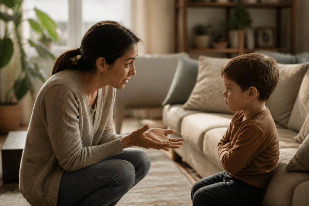 Parent calmly talking with upset child at eye level, why yelling at kids doesn't work