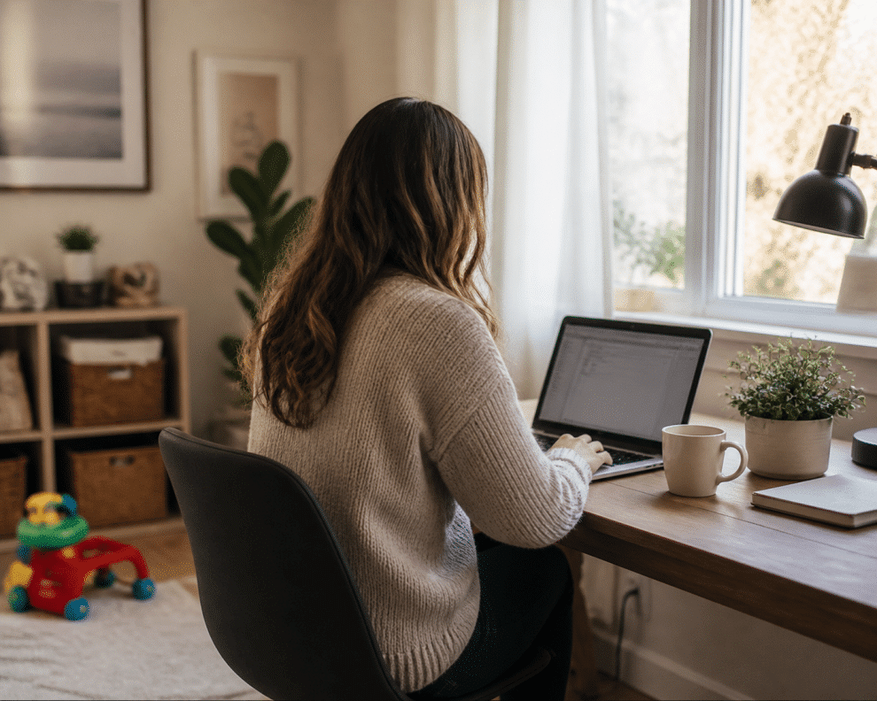 work at home mom tips — mom working at home office with family life in background