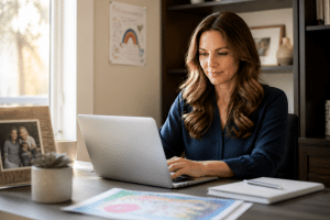 working parents tips: parent at home desk with family photos creating work-life balance