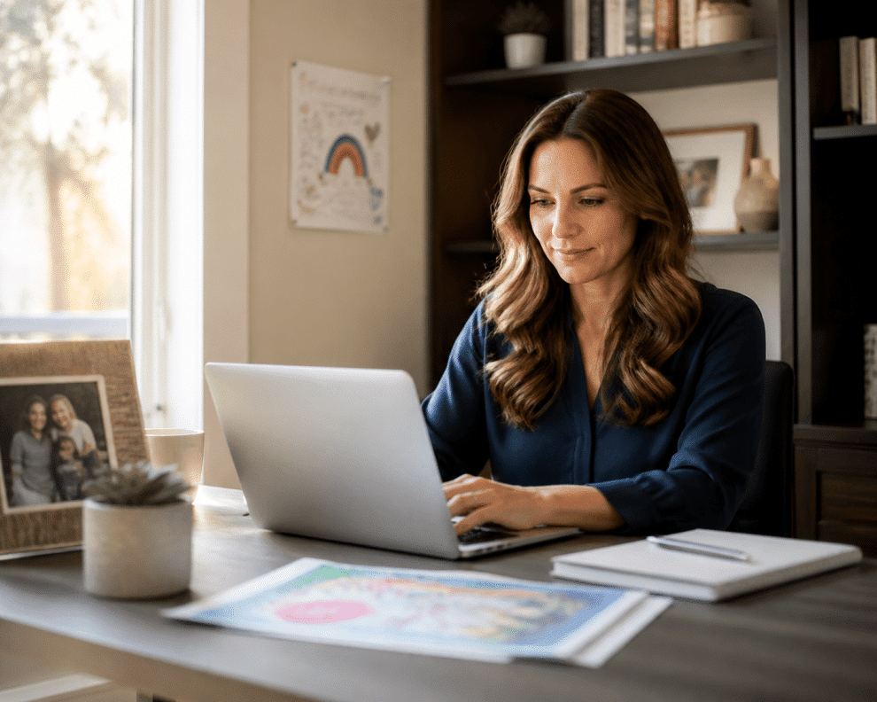 working parents tips: parent at home desk with family photos creating work-life balance