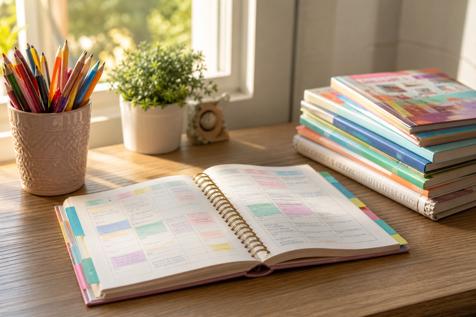 Writing A Lesson Plan 16 how to write a homeschool lesson plan - open lesson planner on desk with books and supplies