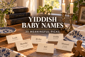 Yiddish baby names arranged on warm cream name cards beside a family candlestick, embroidered cloth, and soft golden table light